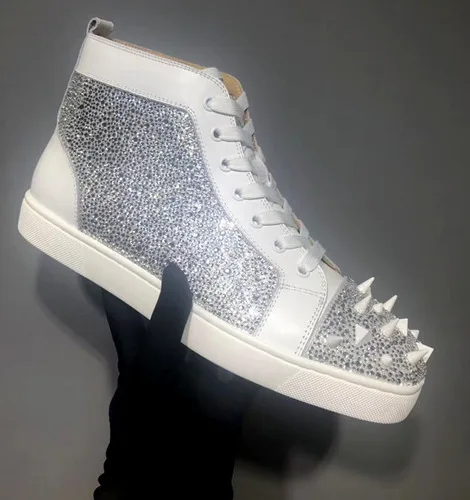 Босоножки на высоком каблуке Blingbling, блестящие, хрустальные стразы с шипами и заклепками декор с высоким берцем Мужская обувь Черный Звездное с красной подошвой стильный Обувь для пары - Цвет: as pic