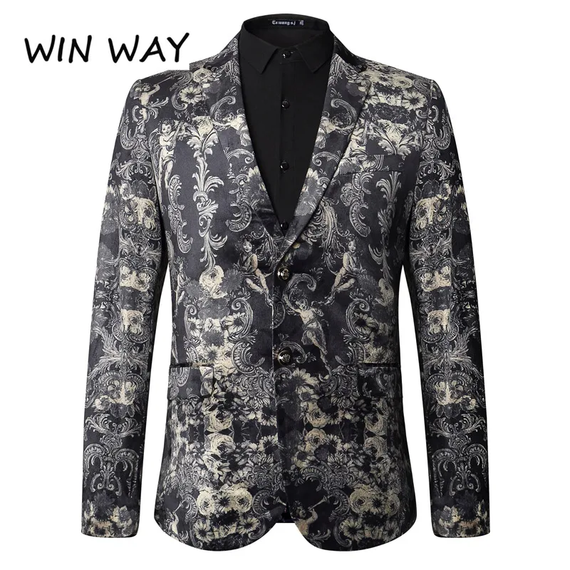 Win Way, новинка, мужской модный брендовый Блейзер, мужской, весна-осень, черный, с принтом, костюм, мужской, необычный, приталенный, пиджак, для банкета, костюм для хоста - Цвет: Черный