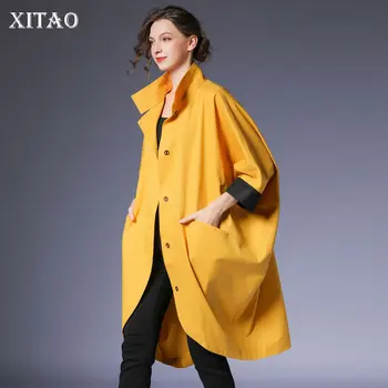 

XITAO Plus Size Irregular Pocket Trench Women Clothes 2019 Fashion Match All Turn Down Collar Single Breasted Coat Top WQR1874