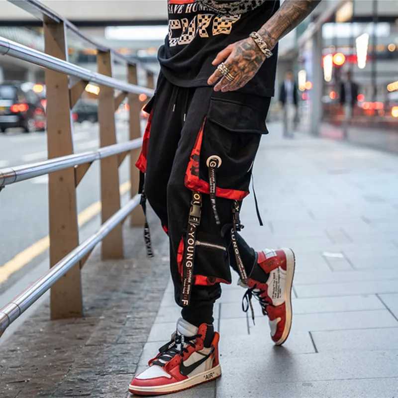 

Pants Men Block Hit Color Pocket Track Pants Male Fashion Trousers Elastic Waist Hip Hop Joggers Sweatpants Streetwear