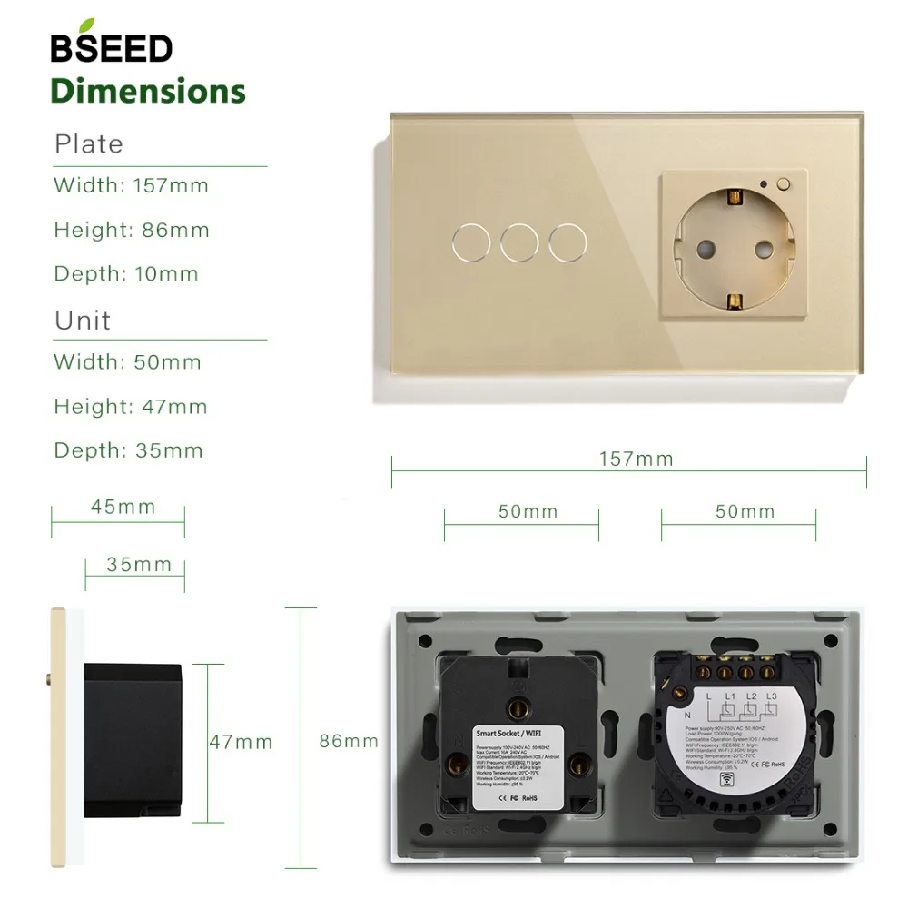 BSEED Wifi сенсорный выключатель 3 банды с wi-fi стандарт ЕС розетка 3 цвета белый черный золотой кристалл стеклянная панель Smart Tuya