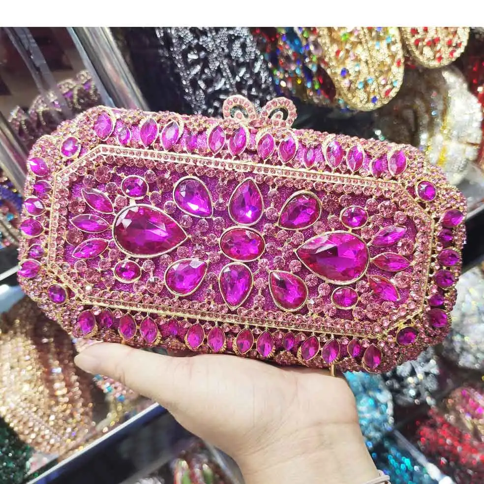 

Rose Red Crystal Evening bags Trendy Clutches Women Dazzling Gold Hollow Out Stones Beaded Wedding Minaudiere Purse SM73