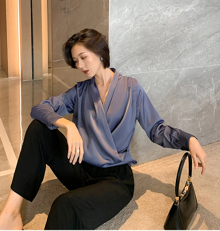 Модные осенние женские топы и блузки с длинным рукавом, шифоновая блузка, рубашки для женщин, топы с v-образным вырезом, блузы, рубашки 6728 50