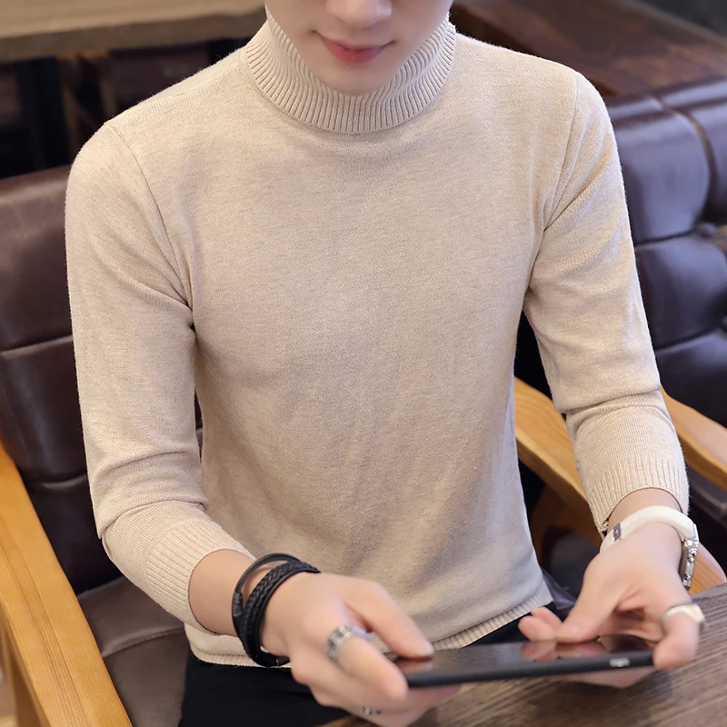 

2019 Men Turtleneck Sweater Autumn Winter Solid Color Casual Sweater Men's Slim Fit Knitted Pullovers Bottoming Jumper