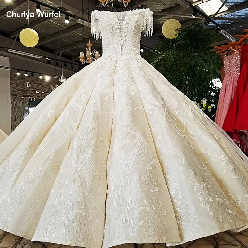 Ls21401 свадебное платье2018 НОВОЕ Whoesale настоящее шоу Off White шампанское тяжелой атласной ткани бисером кисточкой Короткие рукава большой юбка торжественное платье