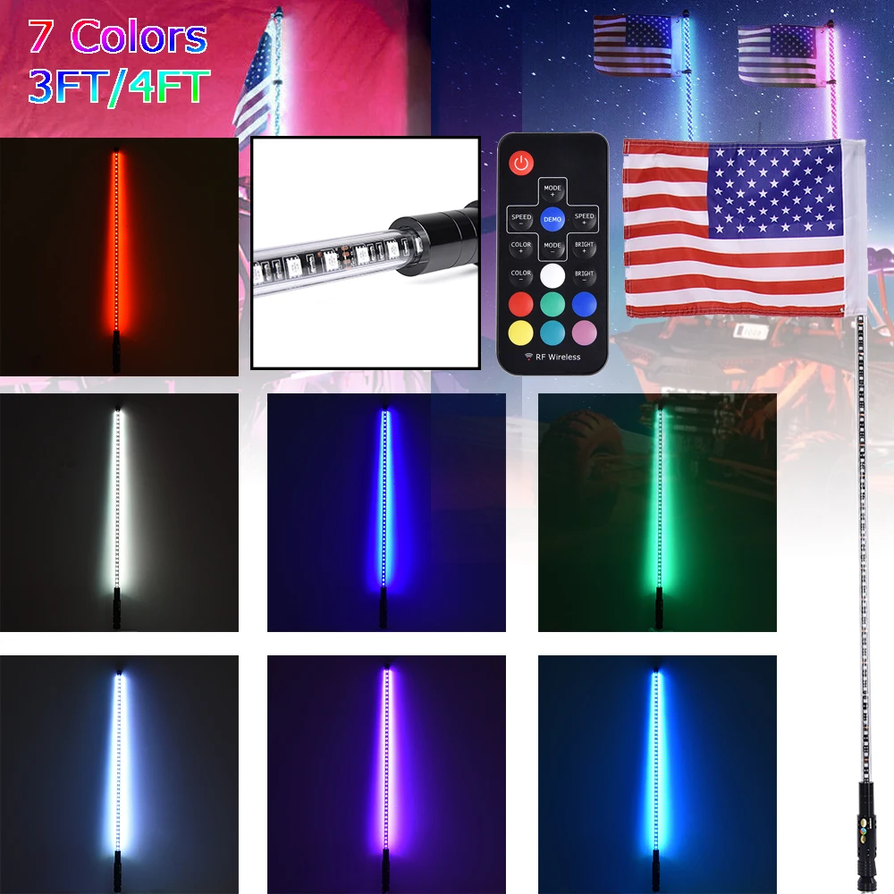  3FT 4FT Lighted RGB LED Whip Antenna With Flag & Remote for Polaris RZR ATV Antenna Whip UTV Quad S - 4000169944742