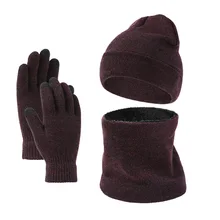 3-piece Set Winter Men's and Women's Warm Pure Color Knitted Beanie Soft Scarf Touch Screen Gloves Outdoor Hat for Adult Unisex