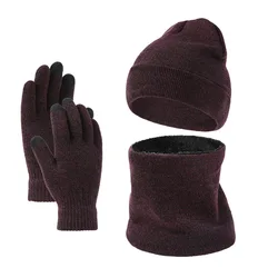 3-piece Set Winter Men's and Women's Warm Pure Color Knitted Beanie Soft Scarf Touch Screen Gloves Outdoor Hat for Adult Unisex
