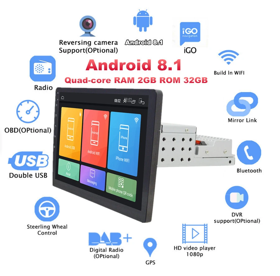 Универсальный 1 Din Регулируемый Android 8,1 10," 1080 P четырехъядерный ОЗУ 2 Гб ПЗУ 32 Гб автомобильный стерео радио gps Wifi BT DAB Mirror Link OBD