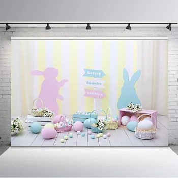 

Spring Easter Backdrop Blue Pink Bunny Rabbit Photography Backdrops Colorful Eggs Yellow White Stripes Background Photography