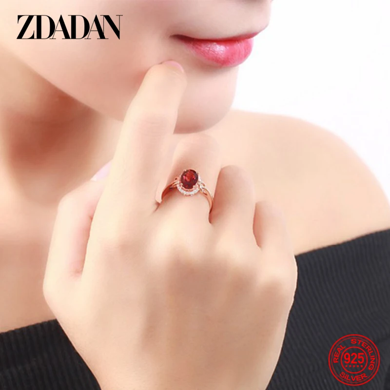 ZDADAN 925 Sterling Silver Big Oval Ruby Zircon Ring For Women Temperament Jewelry Accessories Gift 2