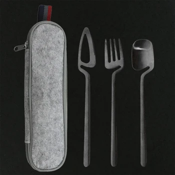 

3Pcs/set Dinnerware Set Black Gold Travel Camping Cutlery Set Reusable Silverware with Metal Knife Spoon Fork and Portable Case