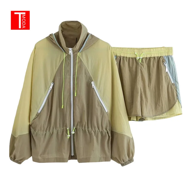 

Summer 2019 Womens Jogging Short Set Long Sleeved Lightweight Jacket Coat Patchwork Short Yellow Loose Suits 2 Piece Set