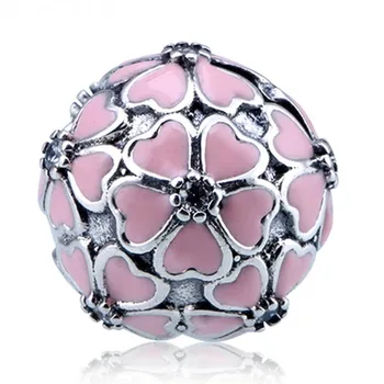 

Authentic S925 Sterling Stopper Bead fit Lady Bracelet Bangle Pink Enamel Crystal Cherry Blossom Clip Charm DIY Jewelry