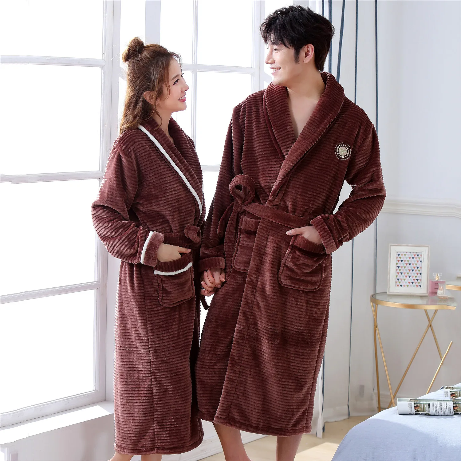 Карман коричневый фланелевый зимний банный халат пижамы толстое кимоно платье Мягкая Осенняя женская ночная рубашка Домашняя одежда ремень пижамы