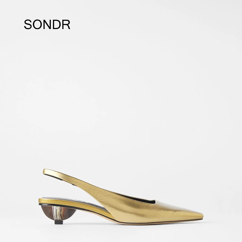 

2020 Spring New Med Heels Shoes Women Fashion Brand Ladies Real Leather footware Pu Leather Female Pumps Pointed-toe Golden Shoe