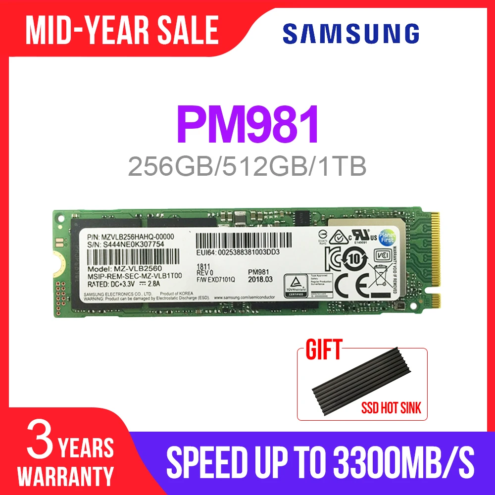 Pаспродажа SAMSUNG SSD M.2 PM981 256 ГБ 512 1 ТБ твердотельного жесткого диска M2 NVMe PCIe 3,0x4 NVMe 1,3 ноутбук внутренний disco duro TLC