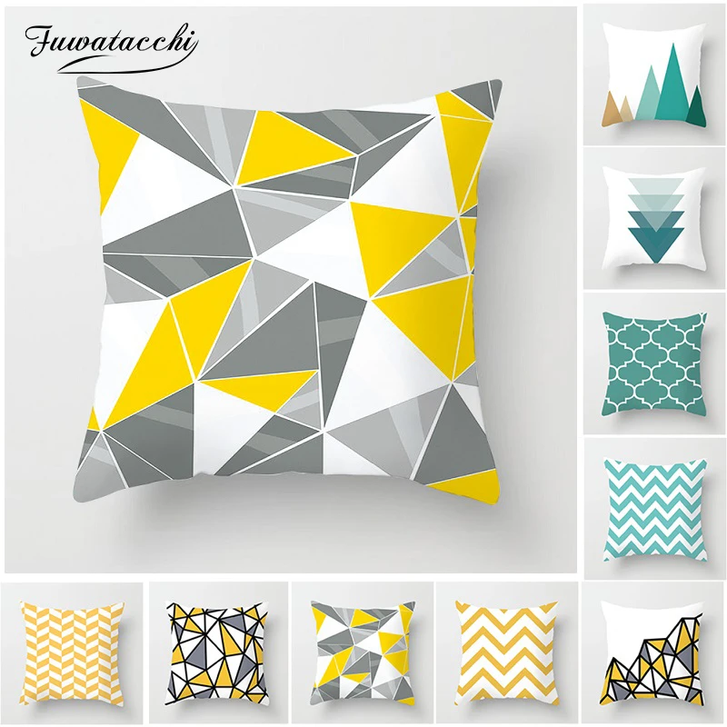 

Fuwatacchi Green Yellow Geometric Cushion Cover Wave Mountain Arrows Decorative Pillows for Home Chair Sofa Pillow Cover 45*45cm