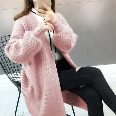 pink Осенний женский свитер, кардиганы,,, свободный v-образный вырез, рукав-фонарик, открытый шов, Вязанный свитер, куртка, женское вязаное пальто, верхняя одежда - Цвет: pink