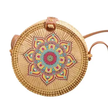 

Women's Fashion Beautiful Flower Pattern Print Messenger Bag Handmade Rattan Woven Round Messenger Bag
