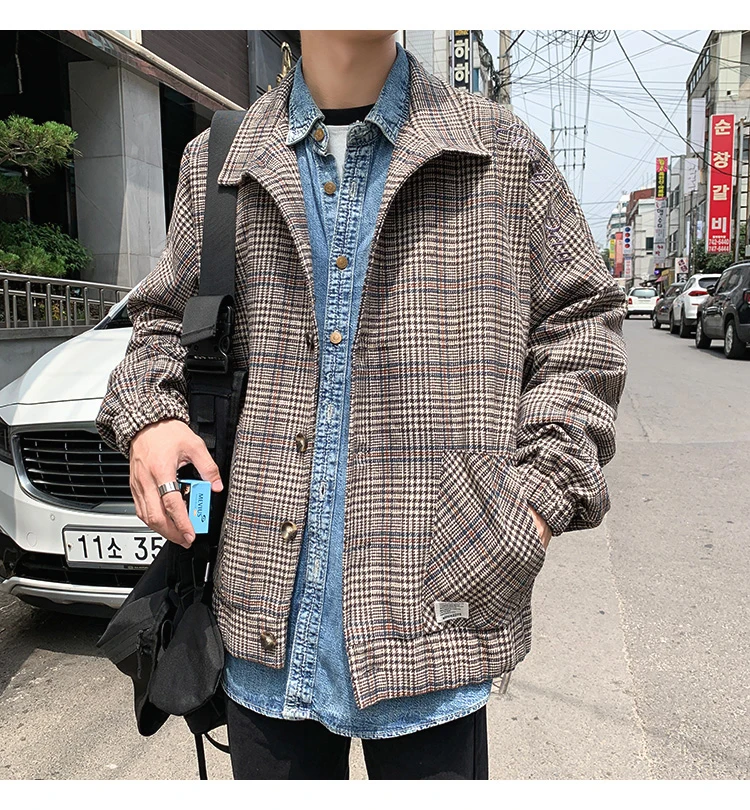 Korean Men Women Plaid Jackets Shoulder Letter Embroidery lovers Coats Autumn Winter Man Jacket Casual Clothes Plus Size