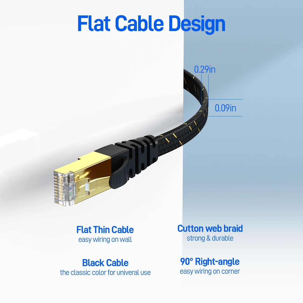 AMPCOM CAT7 Ethernet Cable (10G 600MHz), Shielded Flat RJ45 Network Patch Cord, 50u Gold Plated Lead, Polyester Braided - 3