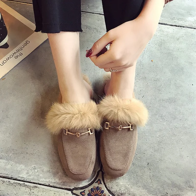 autumn winter new Faux fur mules women lazy shoes loafers comfort pregnant shoes women furry slides fluffy hairy flip flops