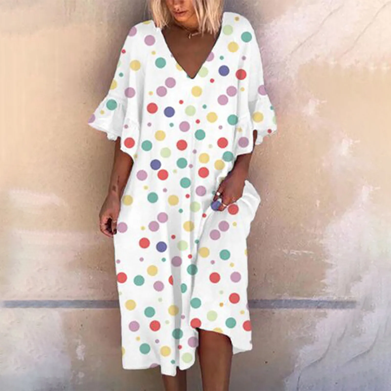 Retro Dot Print High Waist Long Dress Plus Size V-neck Printed Colorful Short Sleeve Loose Dress Cotton Temperament Vestido 2021 1