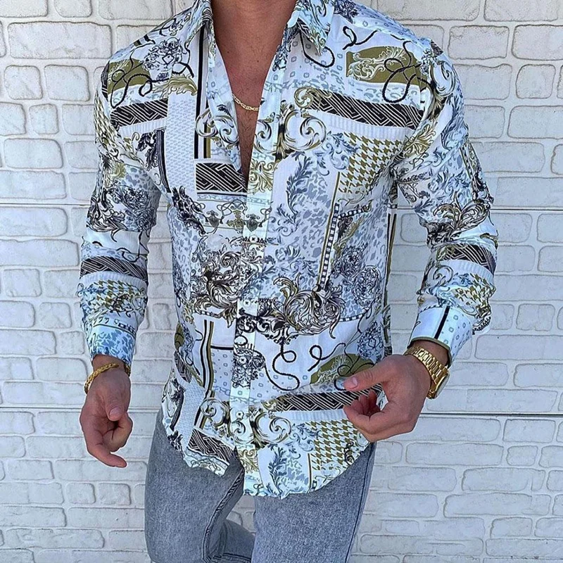 Casual Men Slim Fit Print Party Club Shirt Luxury Brand Printed Shirt 2021 Spring and Autumn Men Fashion Trend Long Sleeve Shirt