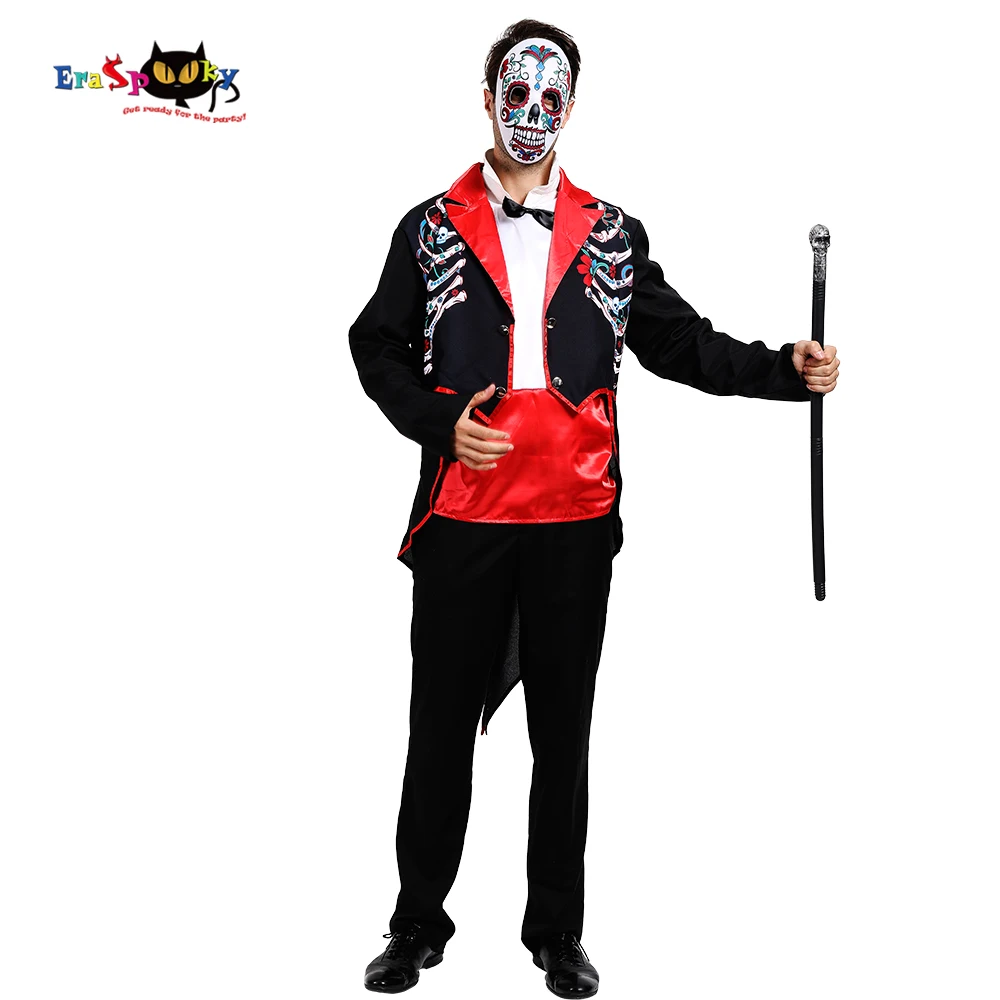 Eraspooky Для мужчин Красочные Скелет смерть Косплэй костюм для Хэллоуина, способный преодолевать Броды для взрослых День мертвых одежда для карнавала, вечеринки, маска для лица