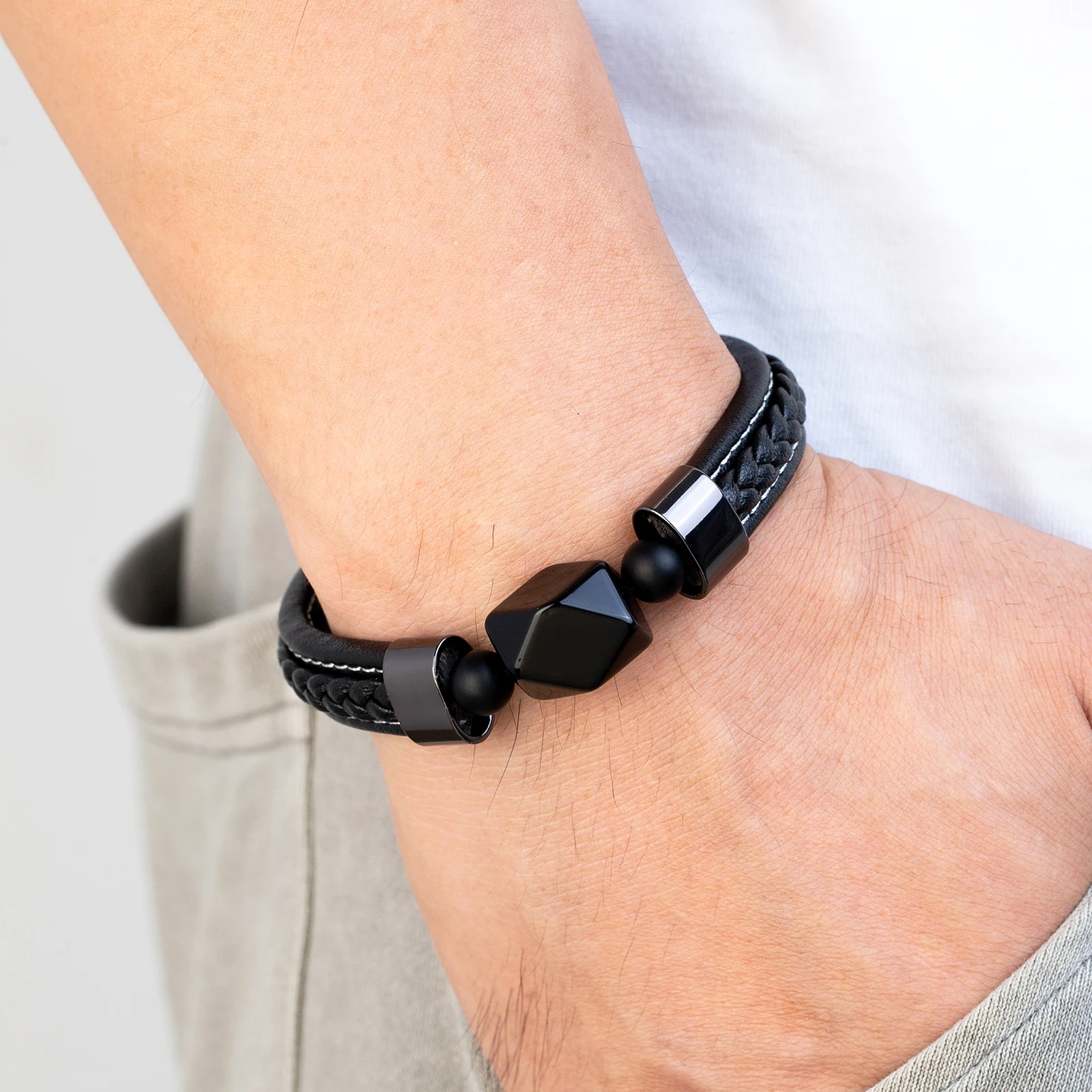 Vintage Jewelry Geometric Natural Black Onyx Men's 316L Stainless Steel Leather Rope Bracelet charm bracelet