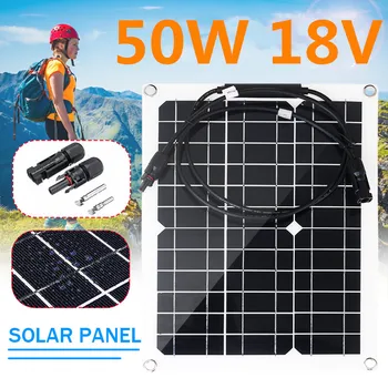 

50W Solar Panel 18V USB Solar Cell Monocrystalline DIY Module Cable Connector Battery Charger Waterproof for Outdoor Camping