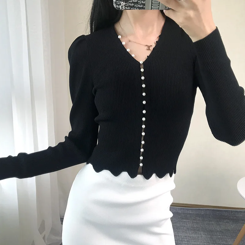 ^*Best Offers Pearl Buckle Black Knitwear Women's Jacket Lady Autumn Sweet Sweater Slim Knitted Cardigan Tops ^*Best Offers Pearl Buckle Black Knitwear Women's Jacket Lady Autumn Sweet Sweater Slim Knitted Cardigan Tops