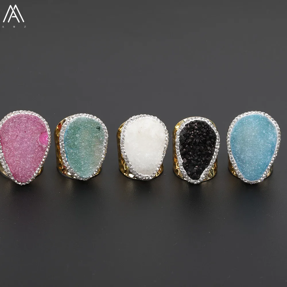 Случайная, проложенные стразы, капля воды, Druzy, Агаты, кольцо для женщин, белое, розовое, Drusy, золотое, открытое, регулируемое кольцо, YT-157AMAJ