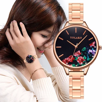 

Women Stainless Steel Flower Watch Luxury Ladies YOLAKO Quartz Watches Clock Relogio Feminino