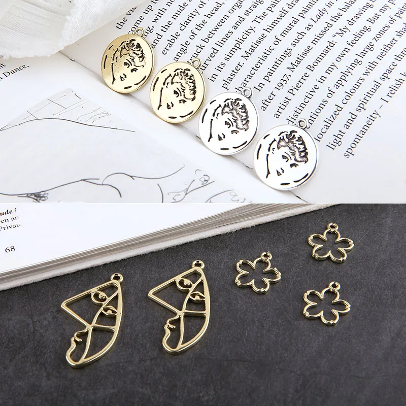 

10pcs diy handmade jewelry retro hepburn avatar round abstract art face small flower pendant earring material