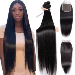 36 38 40 Inch Bone Straight Human Hair Bundles With 6x6 Lace Closure Brazilian Hair Weave Bundles Straight With 4x4 5x5 Closure
