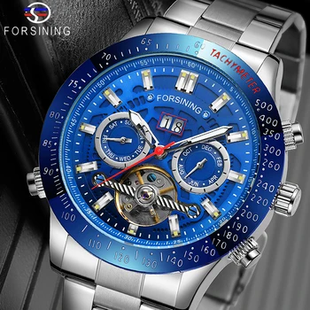 

Forsining Fashion Machanical Watches Automatic Male Clock Stainless Steel 2 Dial Tourbillon Week Date Casual Mens Wrist Watch