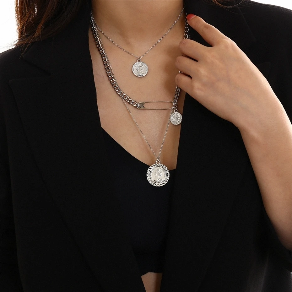 Готическое уникальное ожерелье-чокер с подвеской в виде монеты, женский воротник, многослойное серебряное длинное ожерелье с цепочкой, Брендовое ювелирное изделие