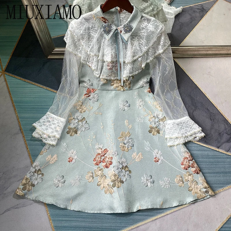 

MIUXIMAO 2021 весна-лето вечернее платье с кружевной вышивкой с длинным рукавом жаккардовое женское офисное Повседневное платье со стразами женское платье