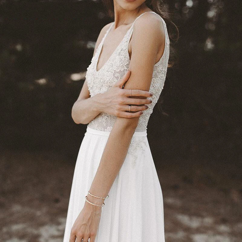 New Romantic Summer Bridal Dress Backless Chiffon Sleeveless Lace Deep