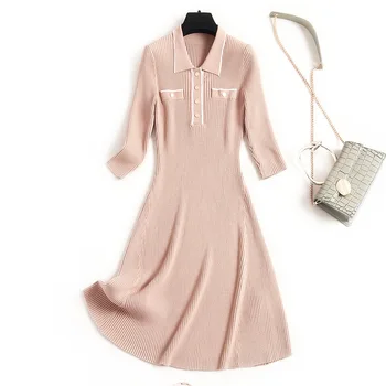 

Knitted Sweater Dress with Half Sleeve Button A-Line Sweet Solid Knee-Length Turn-down Collar Vestidos Verano 2020