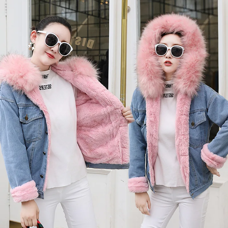 

Photo Shoot 2019 Autumn And Winter Top Grade Trend Large Fur Collar Lambs Wool Jeans Coat Thick Warm Short Cotton Coat WOMEN'S D