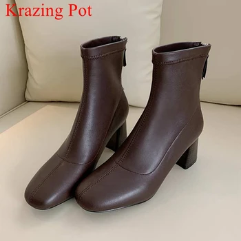 

Krazing pot 2020 new arrivals big size streetwear Chelsea boots round toe high heel zipper sewing office lady ankle boots L1f1