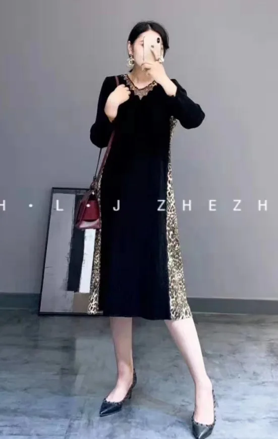 Горячая Miyake складное платье леопарда лоскутное три четверти v-образным вырезом платье доступно - Цвет: Черный