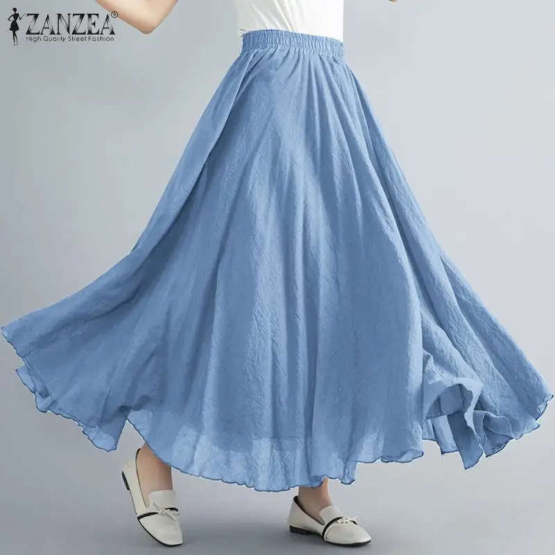 ZANZEA, Женская юбка больших размеров 5XL, осень, винтажная Женская эластичная юбка с высокой талией, элегантная женская Повседневная Свободная однотонная длинная юбка