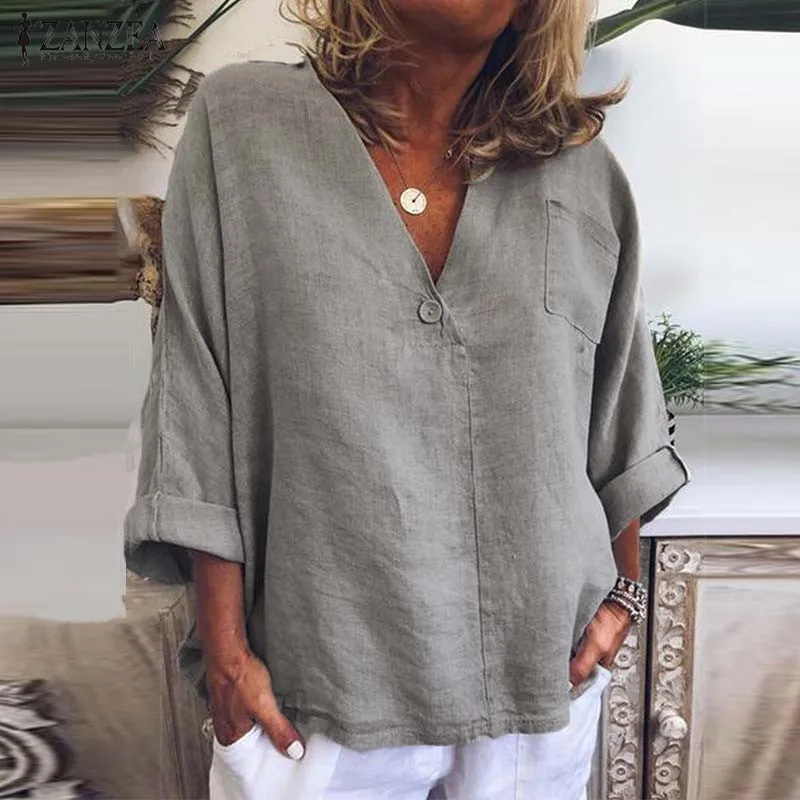 

2020 ZANZEA Plus Size Tunic Women's Autumn Blouse Casual Button Tops Fashion V Neck Long Sleeve Shirts Female Solid Work Blusas