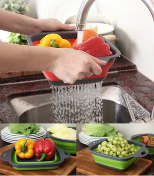 

DHL 50pcs Foldable Fruit Vegetable Washing Basket Strainer Silicone Colander Collapsible Drainer With Handle Kitchen Tools