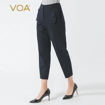 

VOA 14.75 Micron Small Cashmere Navy Natural Waist xie cha dai Button Decoration Thick Capri Harem Pants SK981