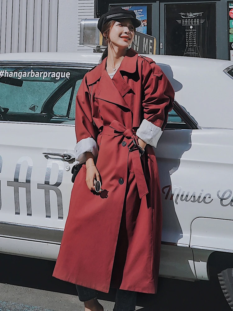 

Women Trench Double-Breasted Long Coat Spring Autumn Windbreaker Windproof Lady Outerwear Female Clothes Dustcoat Red